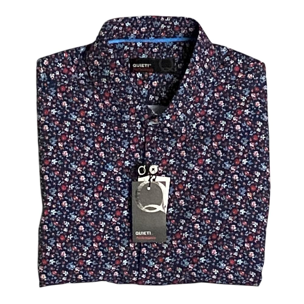Quieti Performance Men's Shirt Small Short Sleeve Button-Up Navy Blue Floral NEW